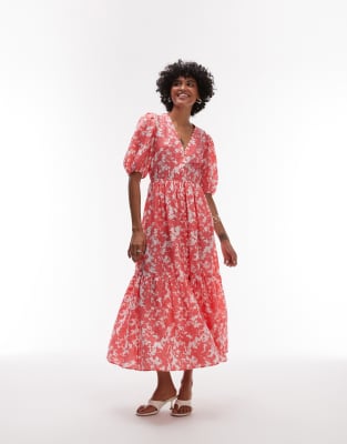 & Other Stories - Gestuftes, hochwertiges Maxikleid mit marmoriertem Print in Rosa und voluminösen Ärmeln