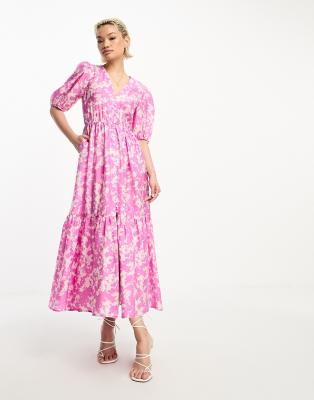 & Other Stories - Gestuftes Maxikleid mit rosa Marmormuster und voluminösen Ärmeln