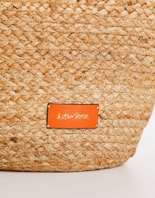 & Other Stories - Geweven tote tas van naturel stro met oranje randje, 4 van 4