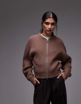Gilet style bomber en maille nervurée avec étiquette en cuir - Marron foncé-Brown XS