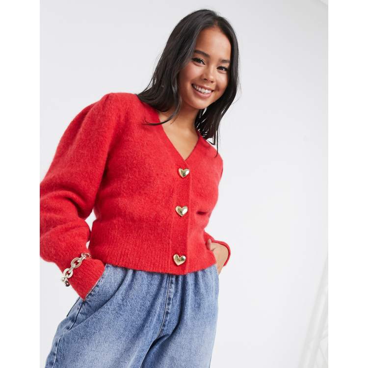 Other Stories gold heart button puff sleeve cardigan in red ASOS