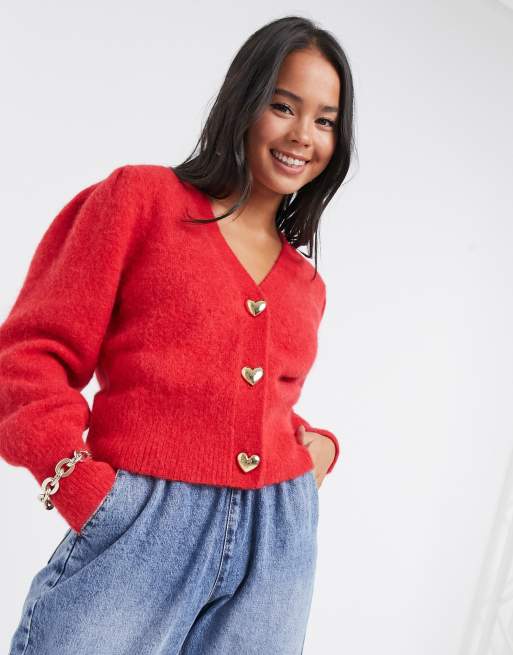 Heart button knit cardigan red - カーディガン/ボレロ