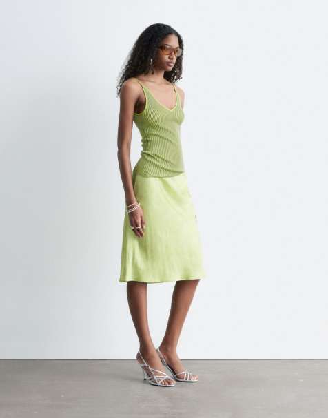 & Other Stories - Gonna midi taglio sbieco a vita bassa verde lime tenue - view 1