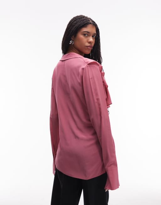 & Other Stories - Granatæblepink halvgennemsigtig boho-bluse med asymmetrisk flæsekant , 2 af 4