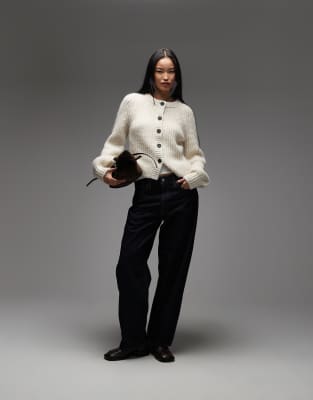 & Other Stories - Grobmaschige Strickjacke aus Alpaka- und Woll-Mix in Creme mit Ballonärmeln-Weiß