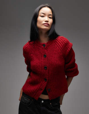 & Other Stories - Grobmaschige Strickjacke aus Alpaka- und Woll-Mix in Rot mit Ballonärmeln