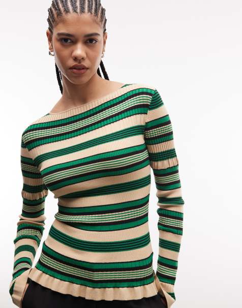 & Other Stories – Grönrandig, lättstickad topp med långa ärmar och volangkant - view 1