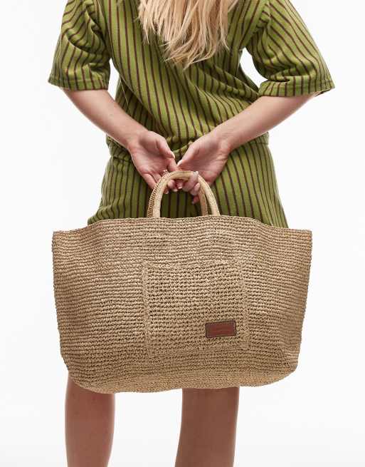 & Other Stories - Grote geweven tote tas van stro met leren hengsel in neutraal beige