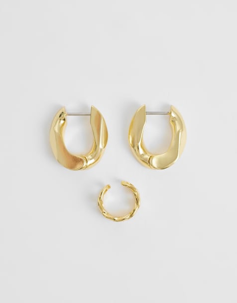 & Other Stories - Guldfarvede hoop-øreringe med snoet design og cuff - view 1