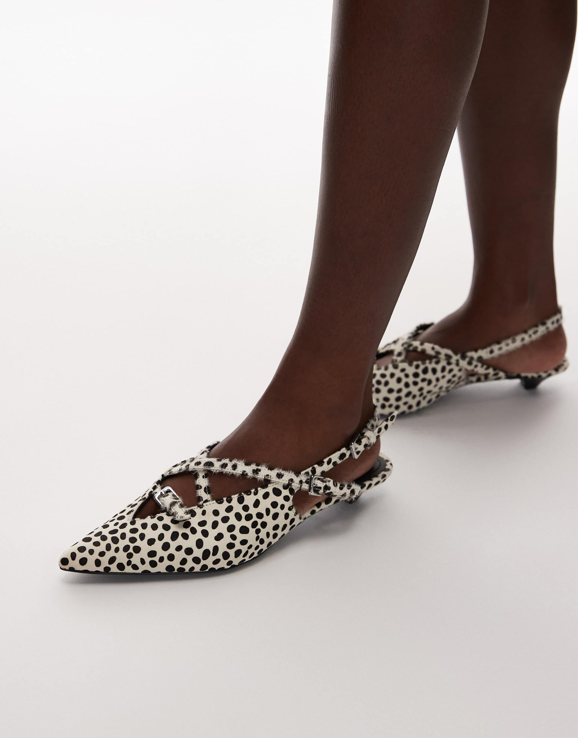 & other stories hairy real leather slingback kitten heels in white dalmatian print