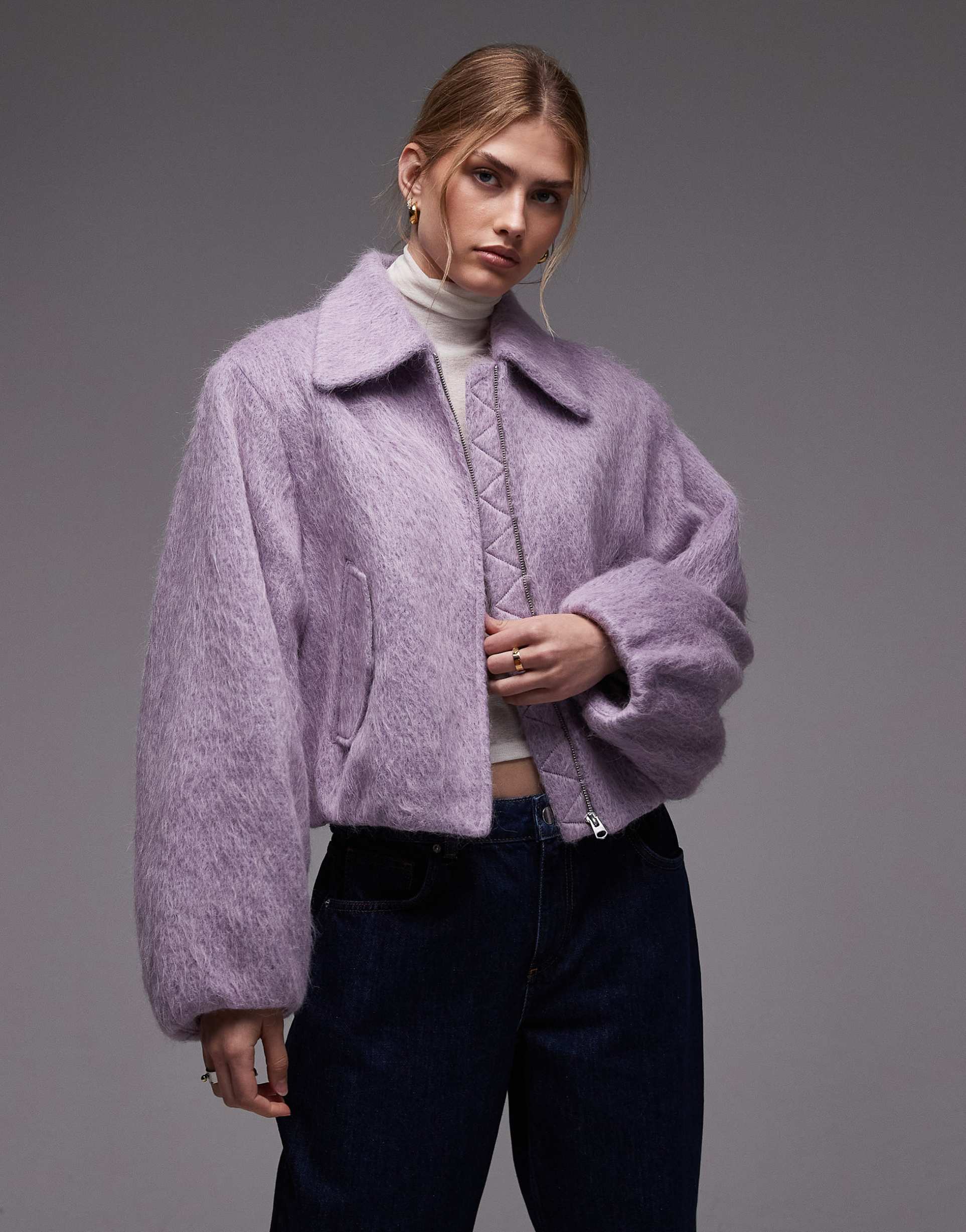 & other stories hairy wool and mohair mix bomber jacket in lilac