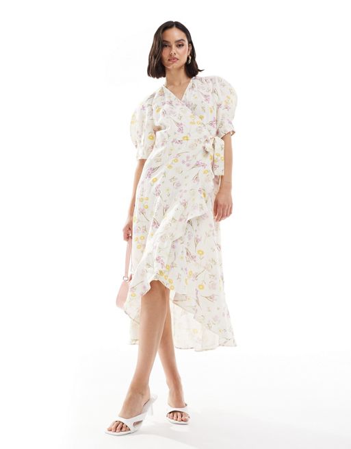 & Other Stories - Halflange linnen jurk met overslag en gele bloemenprint