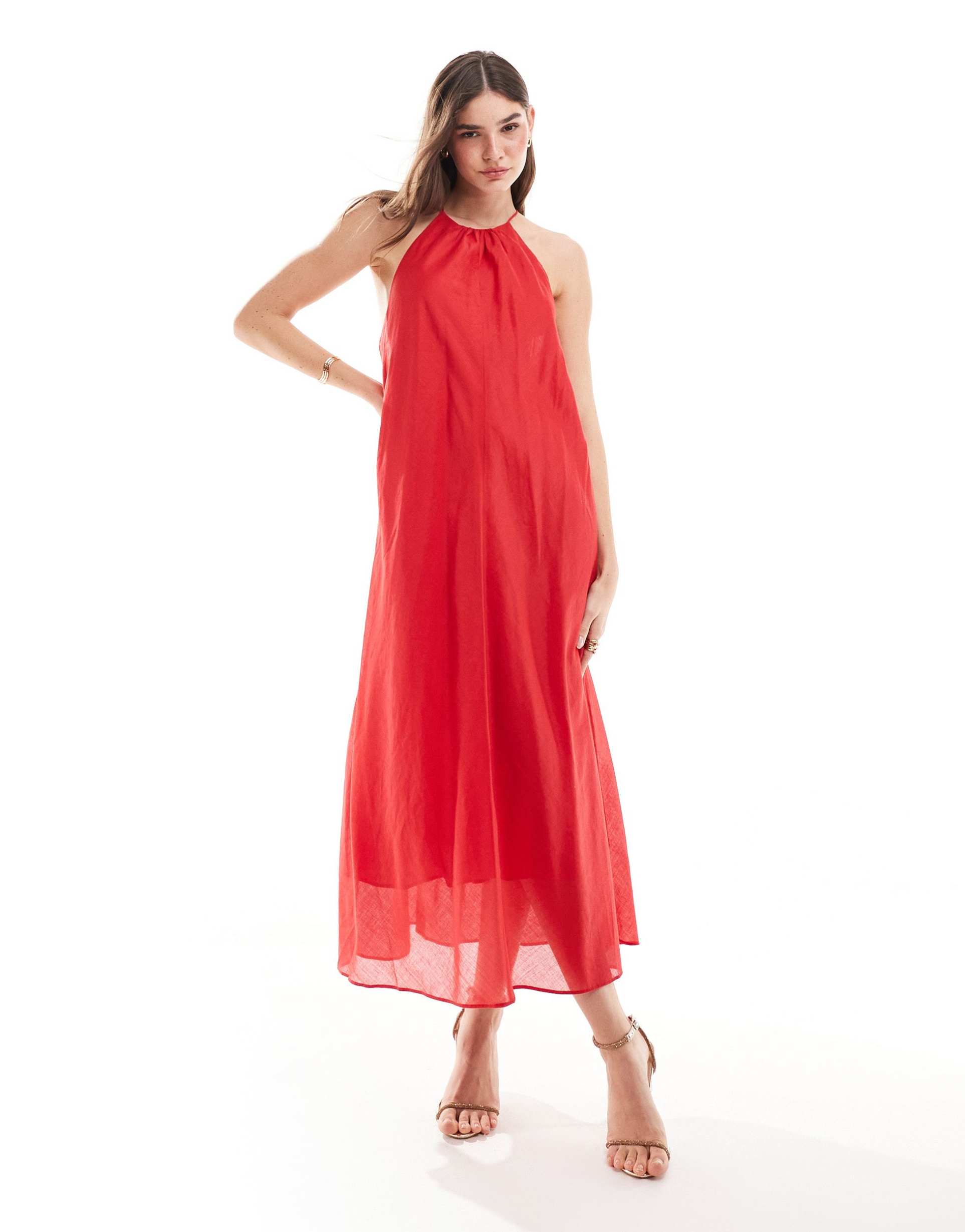 & other stories halter neck midaxi dress with cutaway back in red