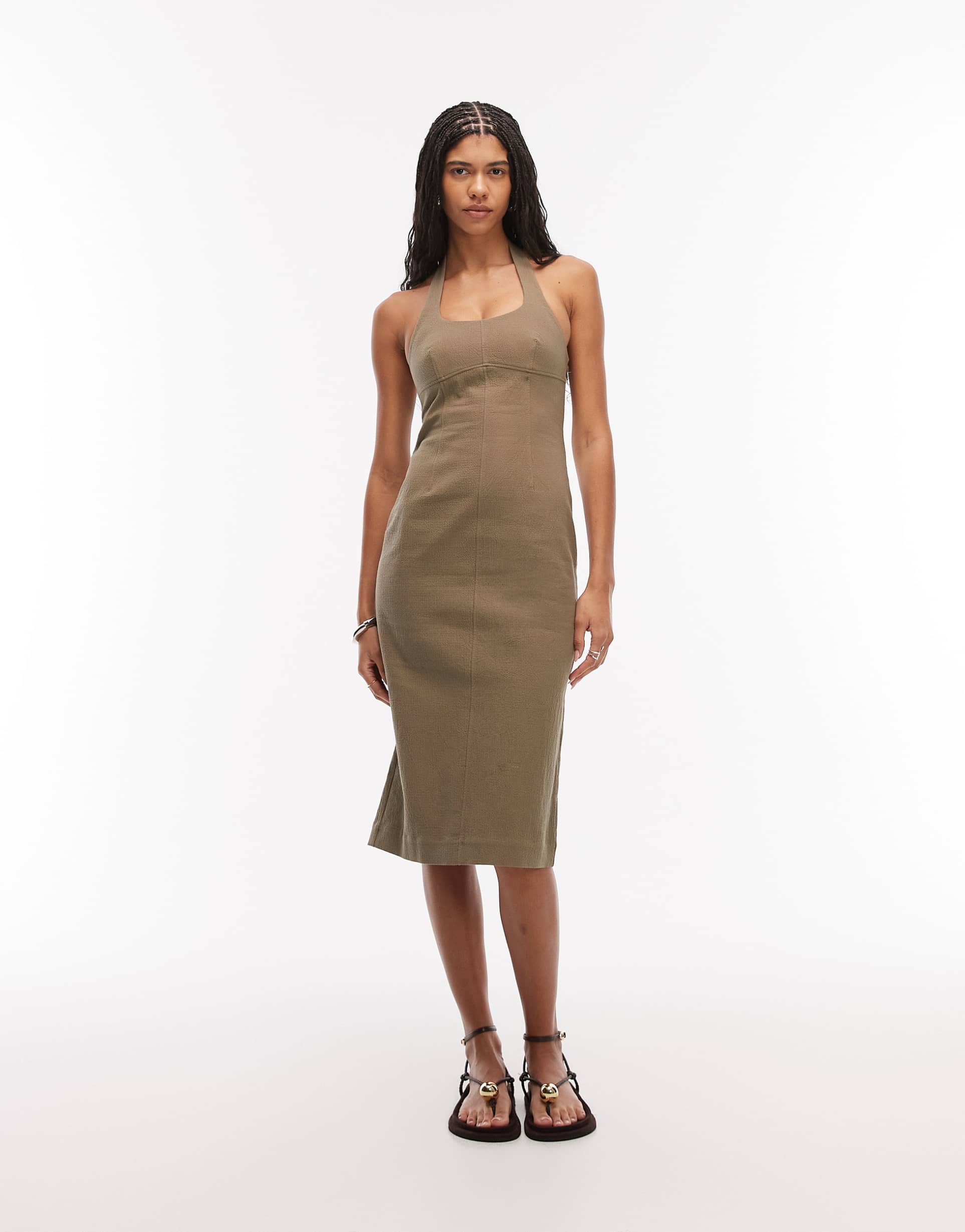 & other stories halter neck midi dress in dark khaki