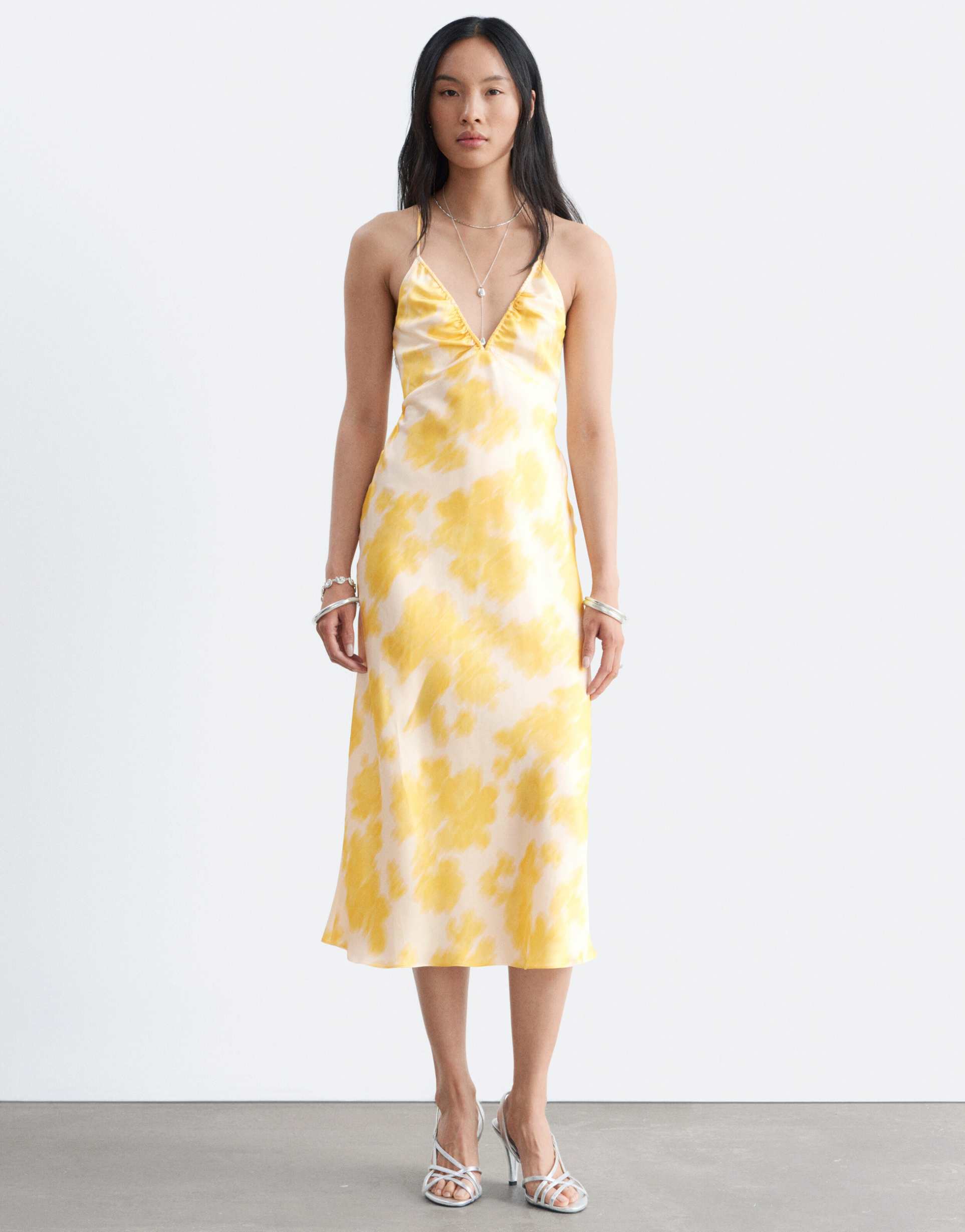 & other stories halterneck midi dress in yellow floral