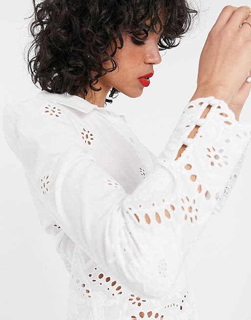 & Other Stories high-neck broderie blouse in white
