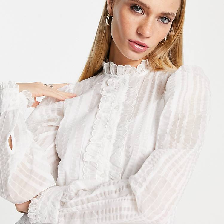 & Other Stories high neck frill blouse in off white