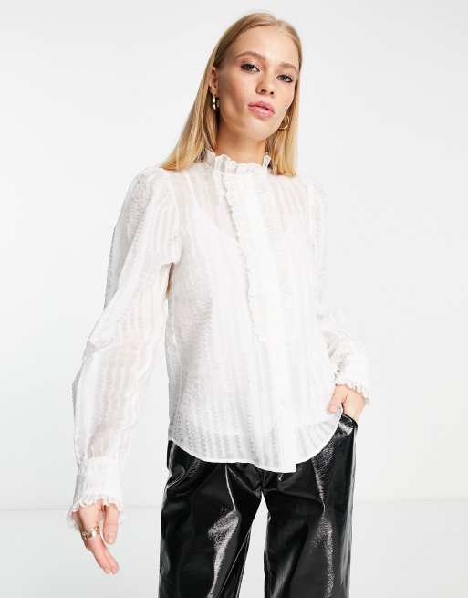 & Other Stories high neck frill blouse in off white