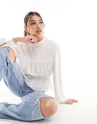 & Other Stories & Other Stories high neck long sleeve blouse with puff sleeves in soft white