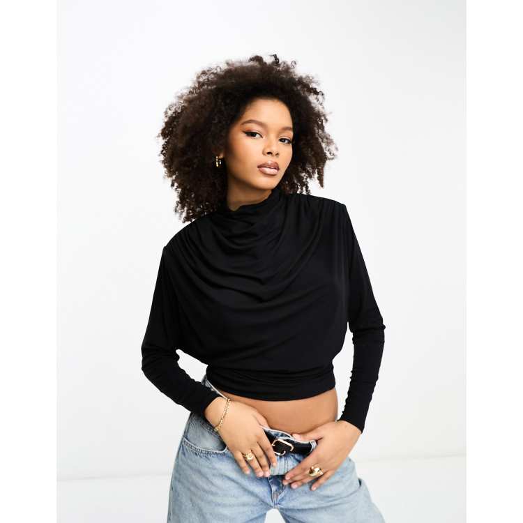 【unknown】super high neck draped shirt & Other Stories high neck long sleeve drape top in black | ASOS