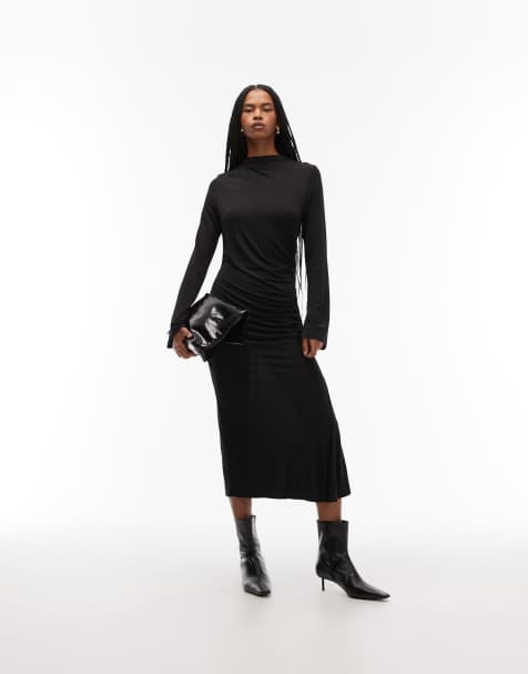 & Other Stories high neck long sleeve soft twisted midi dress in black - view 1