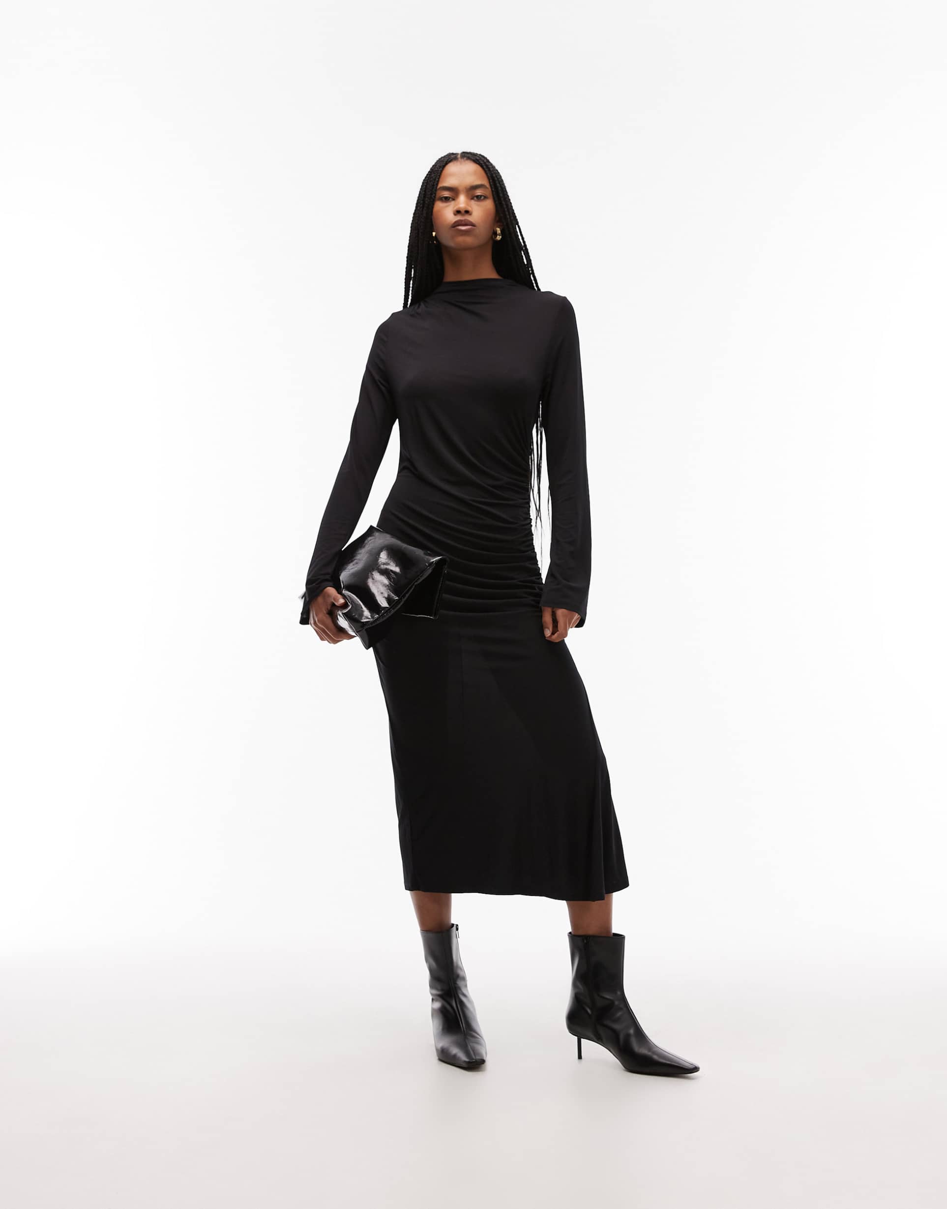 & other stories high neck long sleeve soft twisted midi dress in black