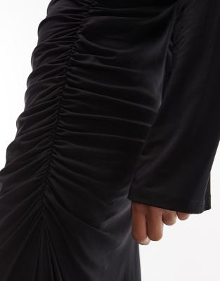 & Other Stories High Neck Long Sleeve Soft Twisted Midi Dress In Black