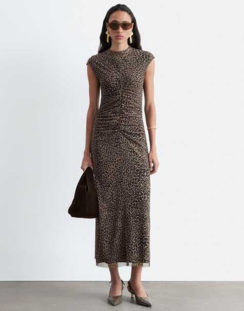 & Other Stories high neck mesh midi dress with ruche detail in leopard print - view 1