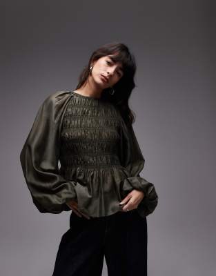 & Other Stories & Other Stories high neck peplum style volume sleeve top in khaki green