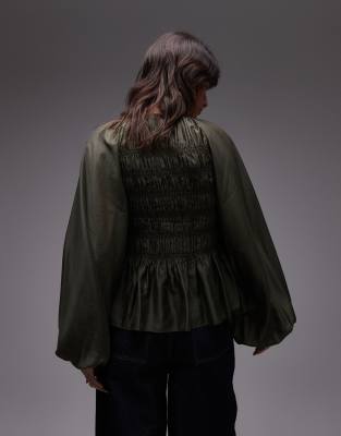 & Other Stories High Neck Peplum Style Volume Sleeves Top In Green