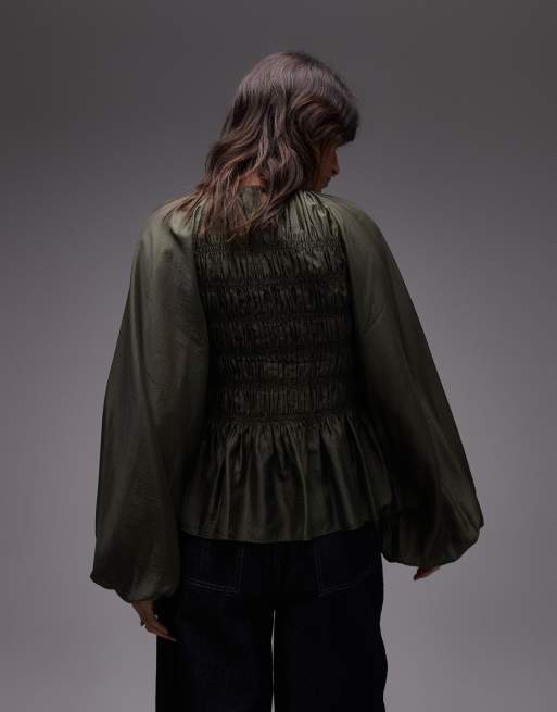 Other Stories high neck peplum style volume sleeves top in khaki