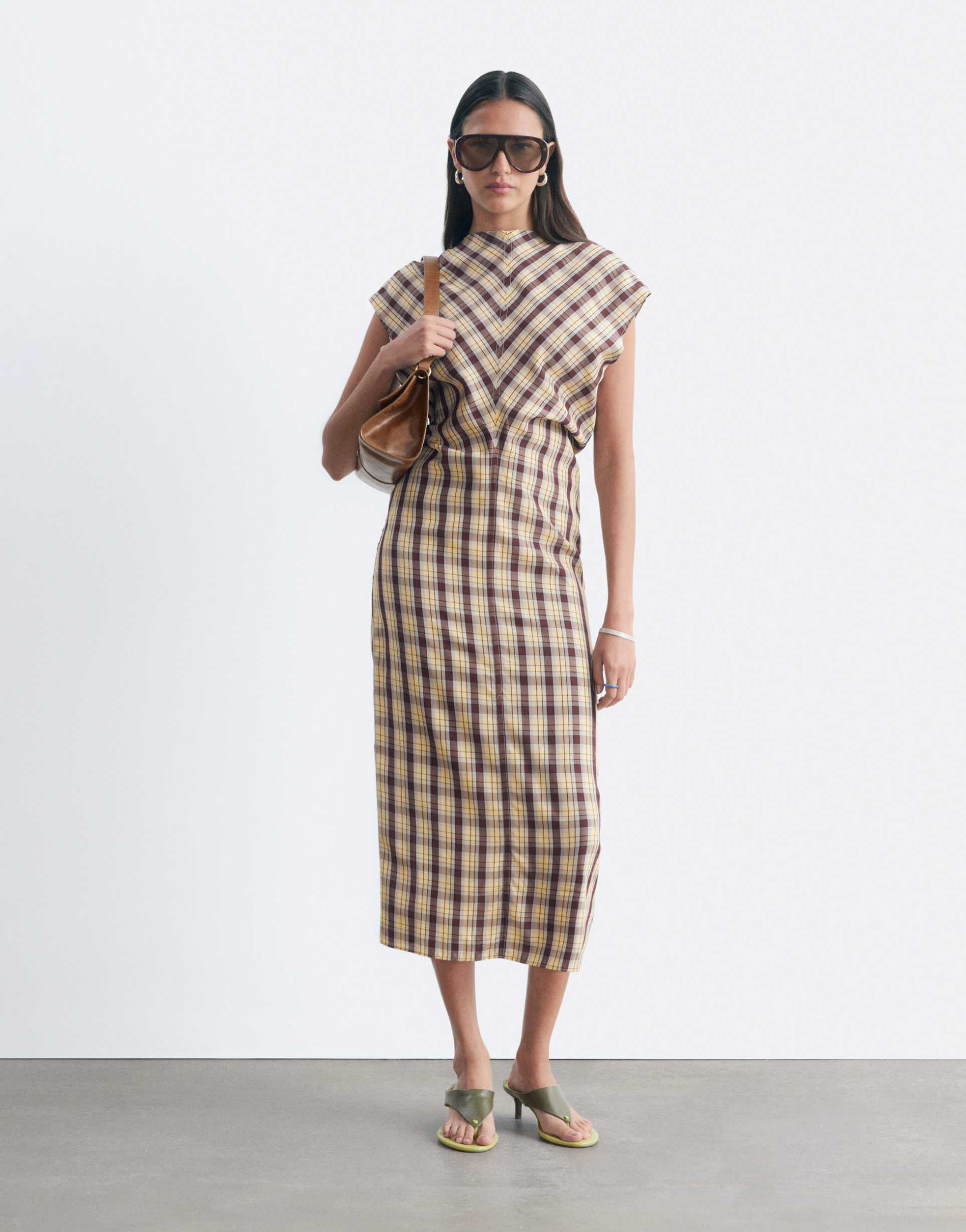 & other stories high neck plaid midi dress in dark red