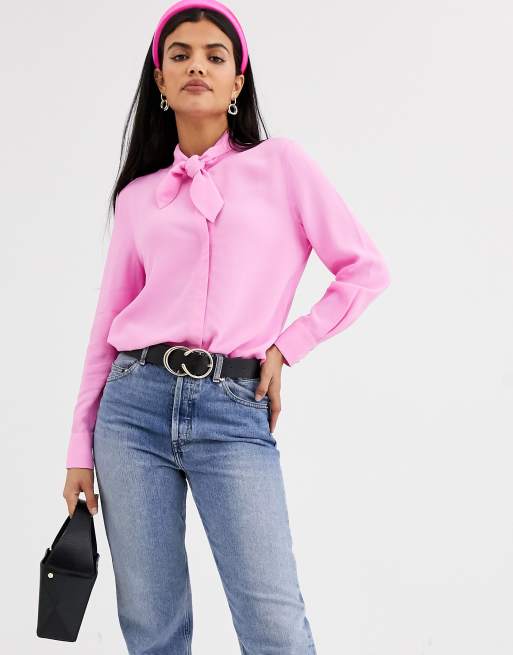 And Other Stories High Neck Pussybow Blouse In Pink Asos