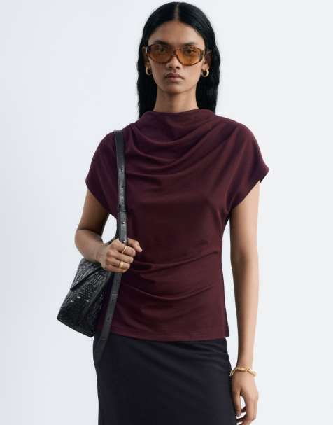 & Other stories high neck ruched top in burgundy - view 1