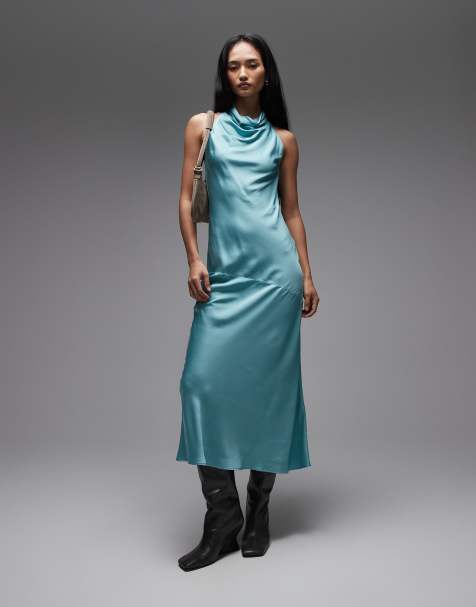 & Other Stories high neck sleeveless satin maxi dress in light turquoise blue
