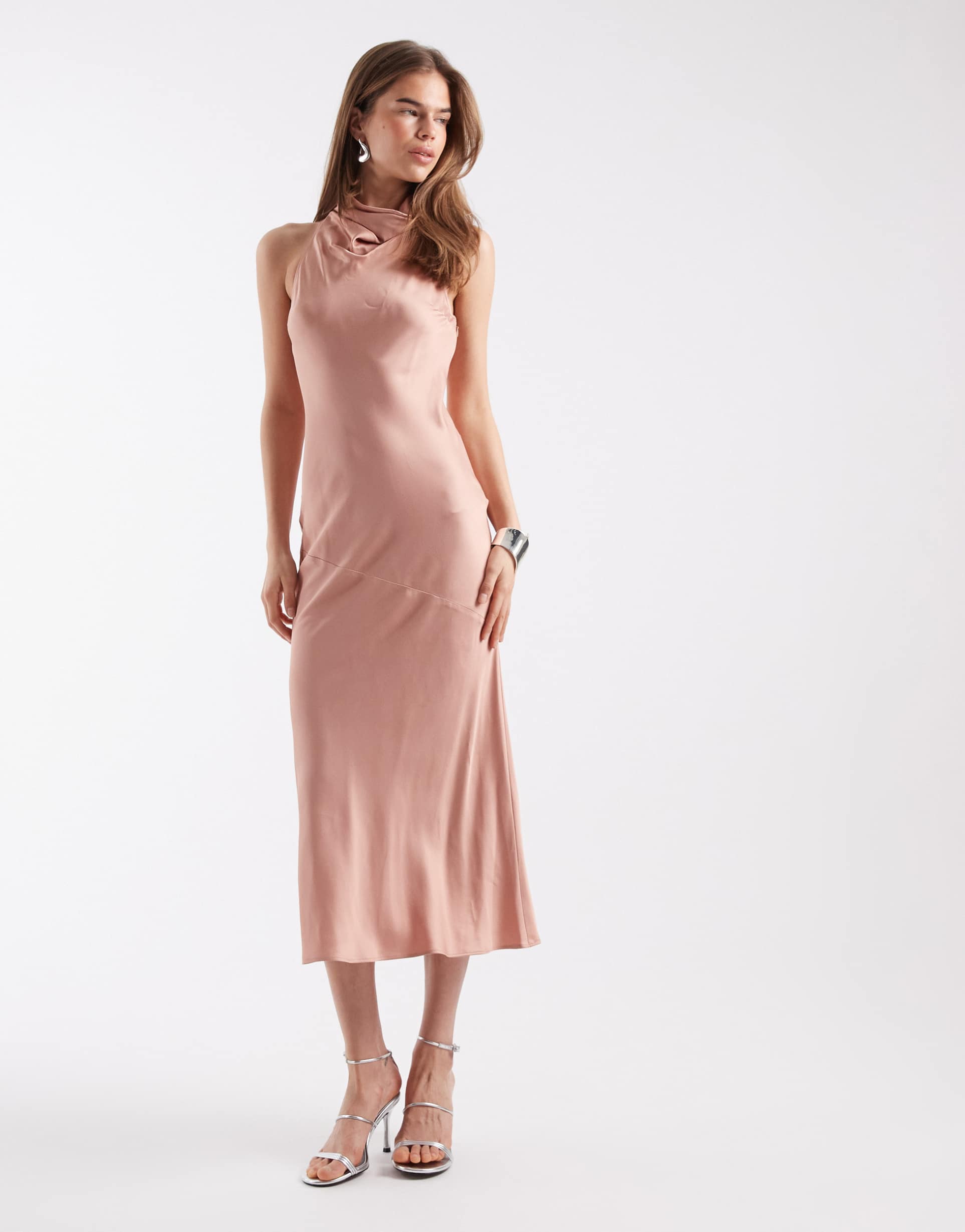 & other stories high neck sleeveless satin midaxi dress in light orange