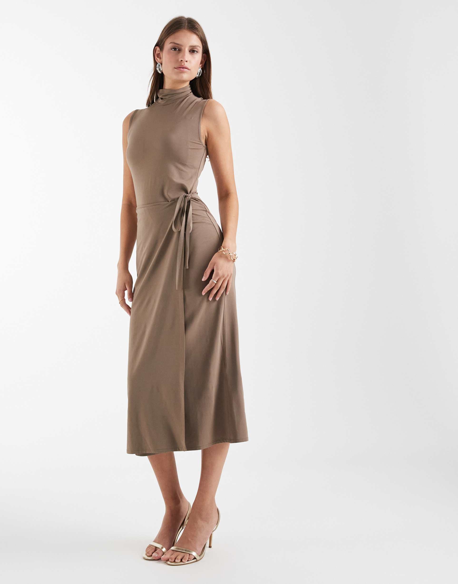 & other stories high neck tie waist midi dress in brown