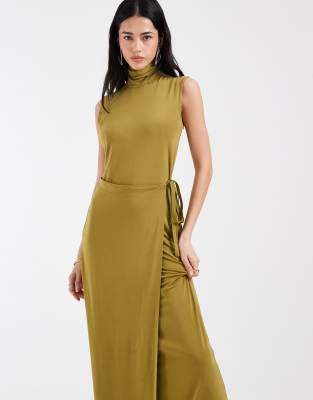 & Other Stories High Neck Tie Waist Midi Dress In Green
