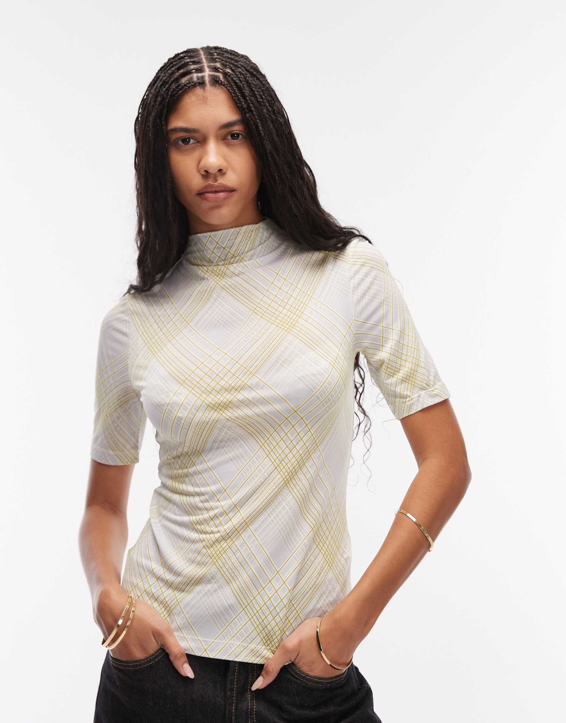 & other stories high neck top in gray grid plaid