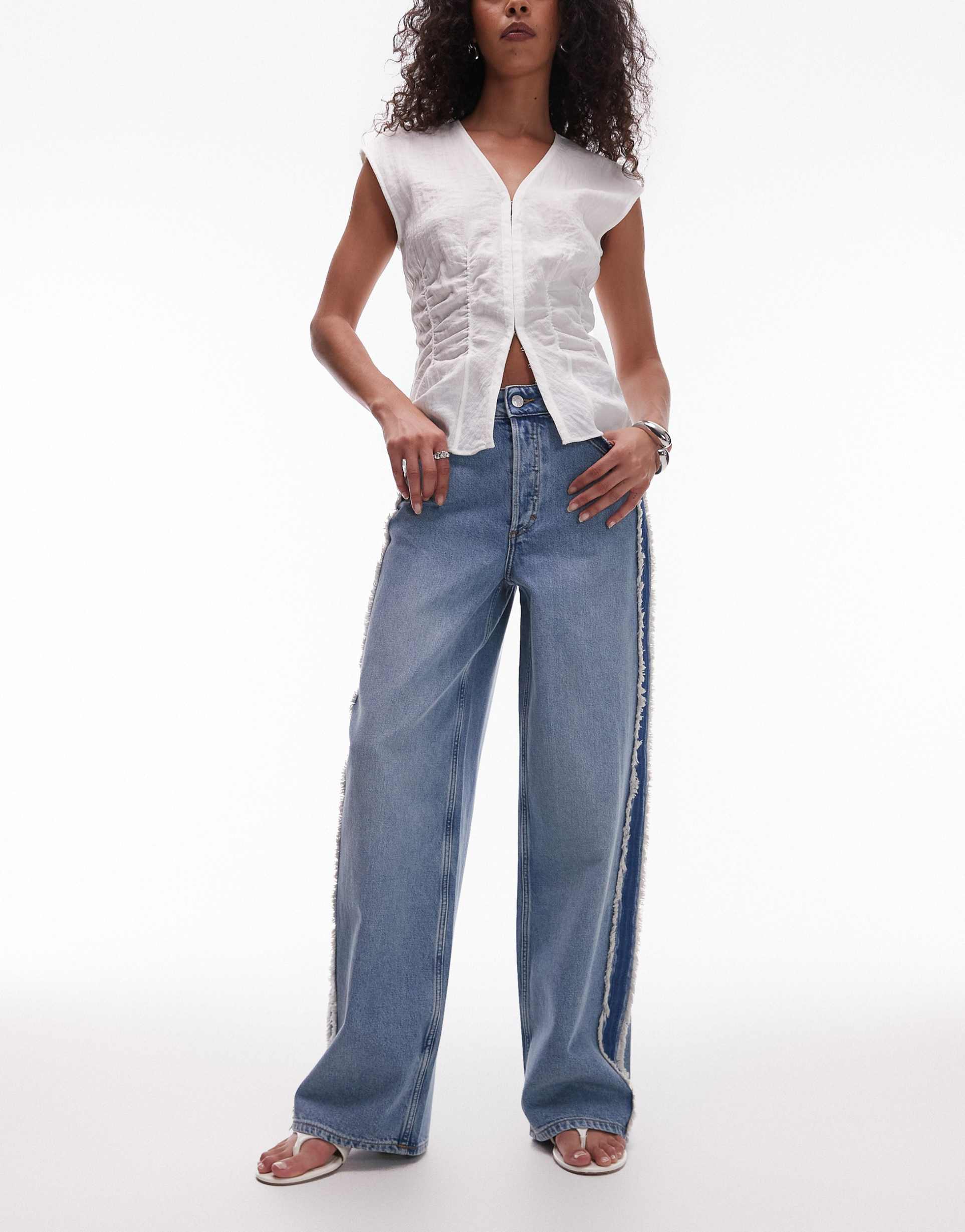 & other stories high rise wide denim jeans with fray detail in lightwash blue