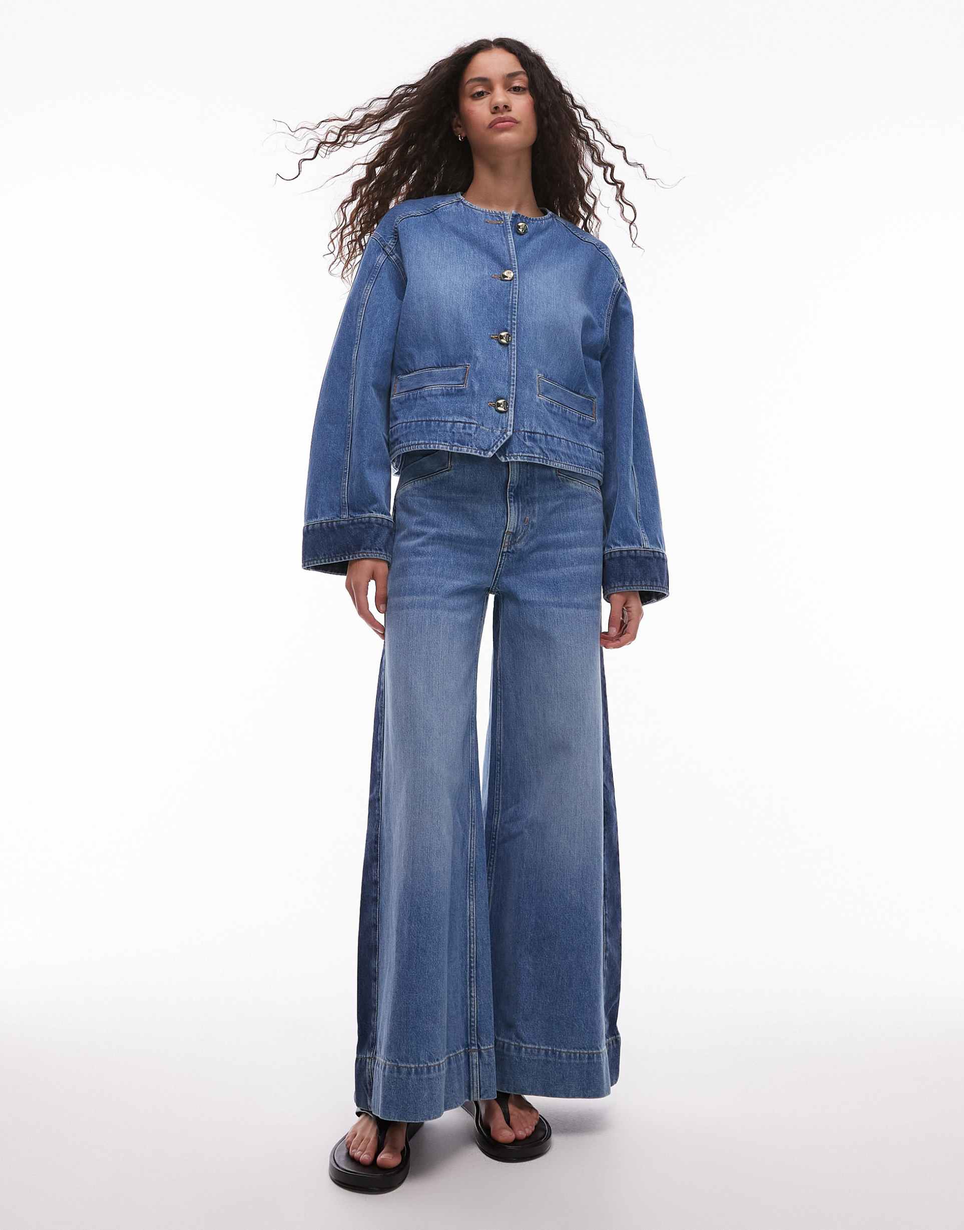 & other stories high rise wide leg jeans in mid wash blue with contrast side panel