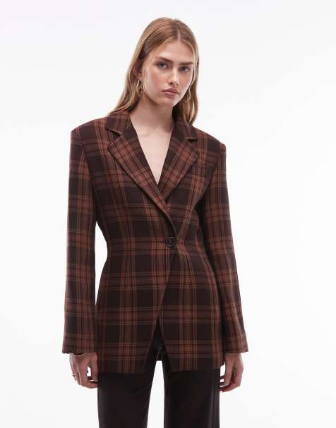 & Other Stories high shoulder detail sculpted blazer in brown check