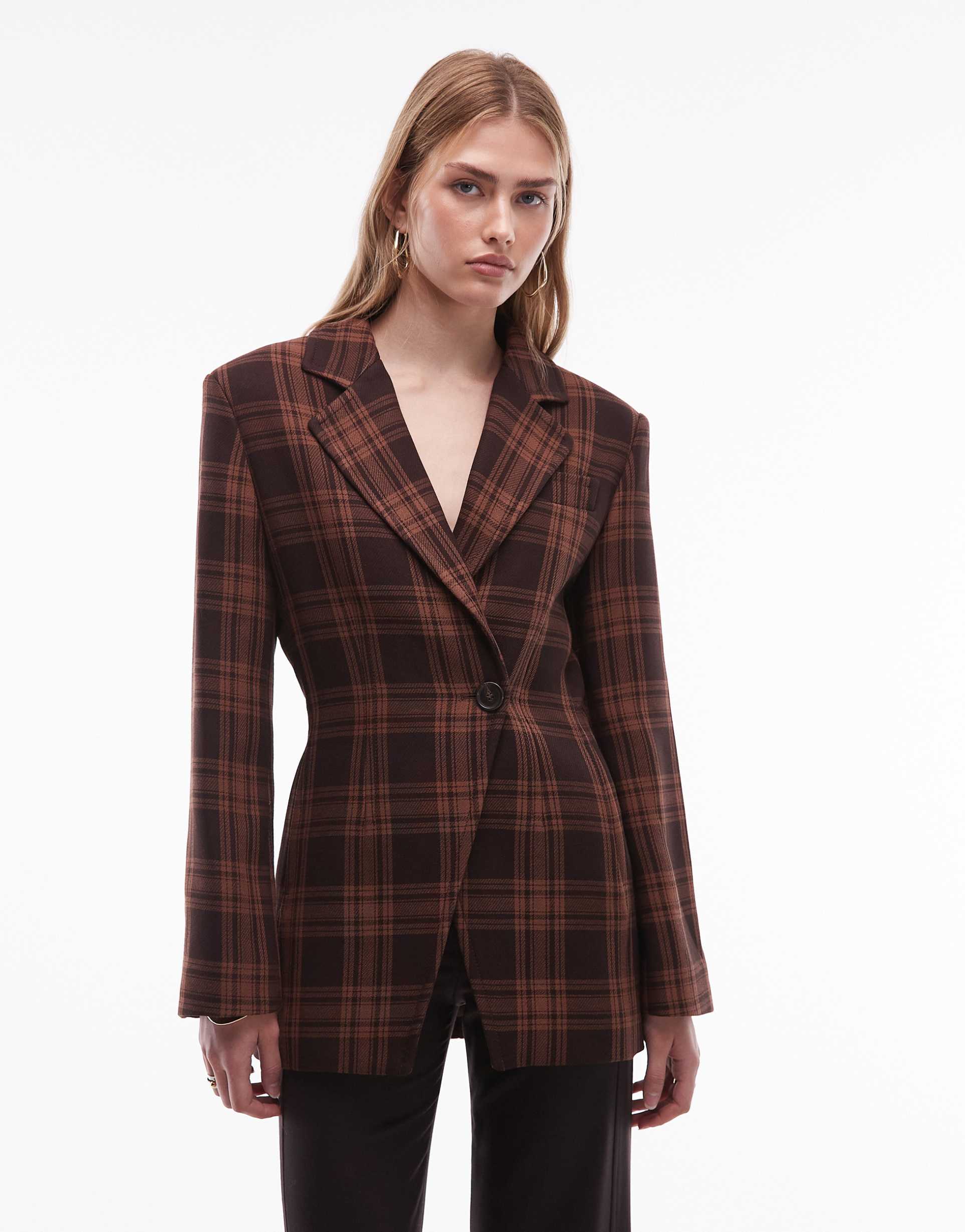 & other stories high shoulder detail sculpted blazer in brown plaid