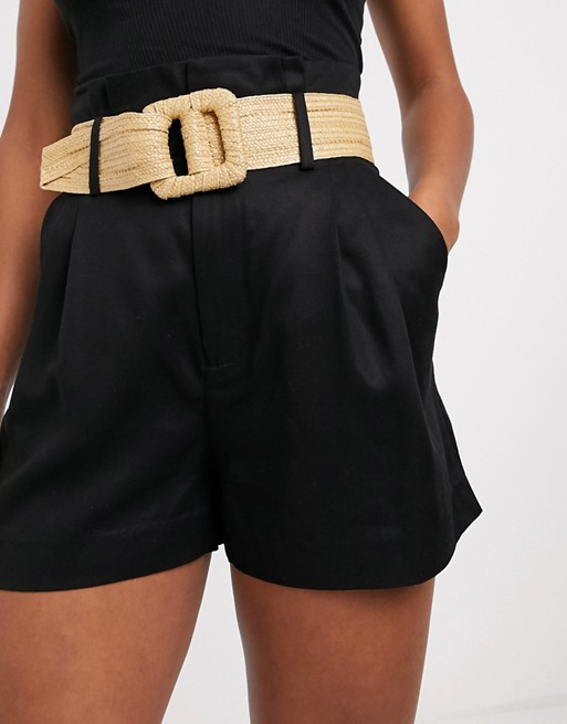 & Other Stories high waist cotton shorts with rafia belt in black