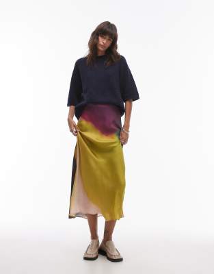 & Other Stories & Other Stories high waist satin maxi skirt with watercolour effect print in beige-Neutral