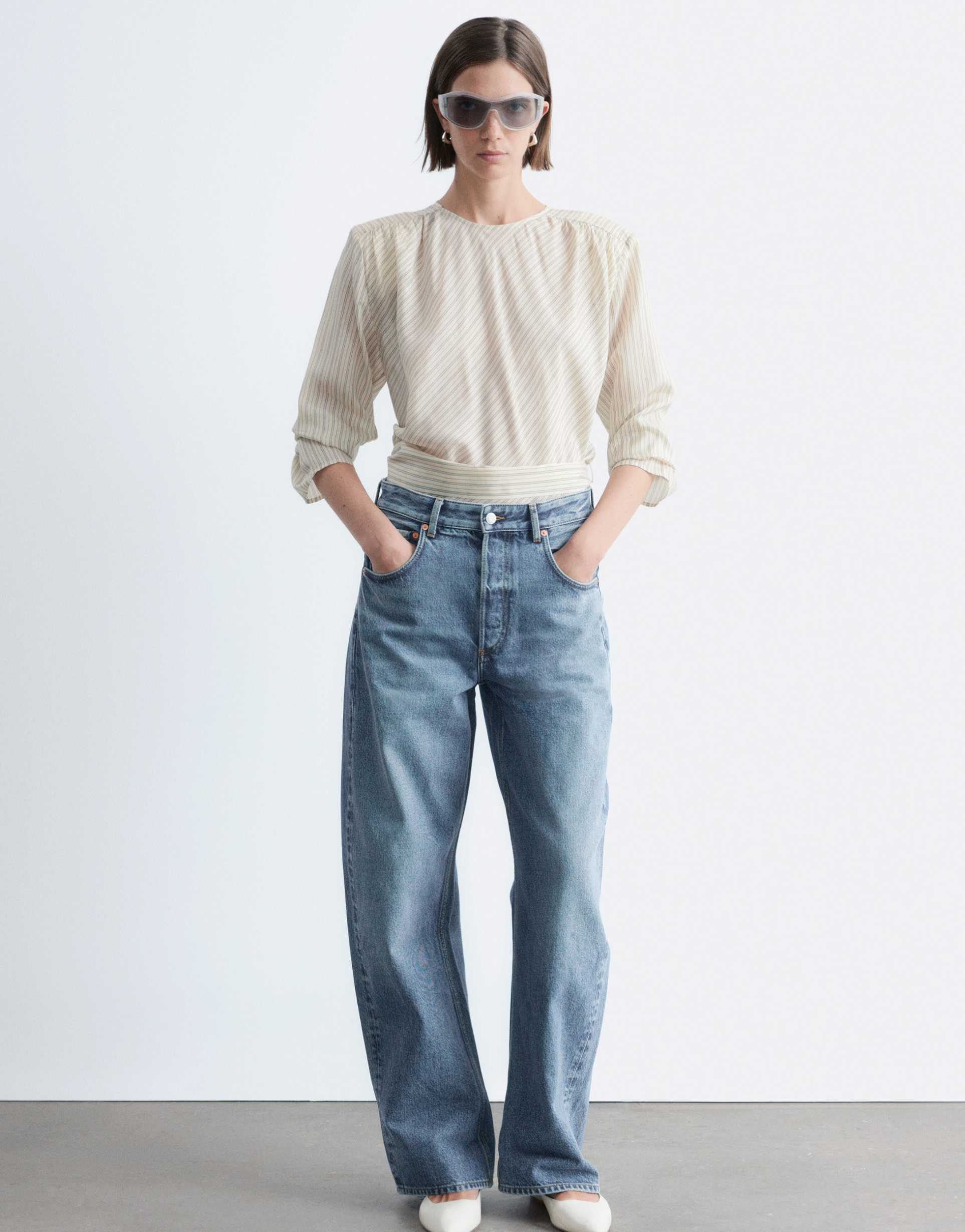 & other stories high waist wide leg jeans with hemmed cuffs in mid blue wash