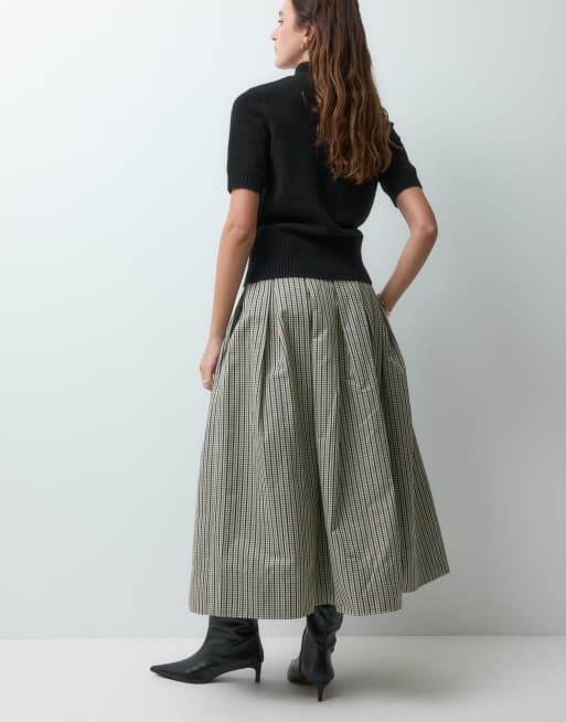 & Other Stories high waisted cotton rich midi skirt with belt loops in grey check, 3 of 5