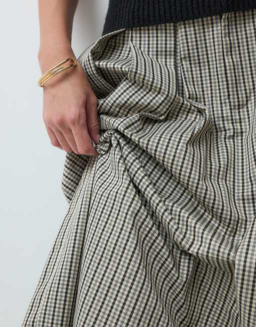 & Other Stories high waisted cotton rich midi skirt with belt loops in grey check, 4 of 5