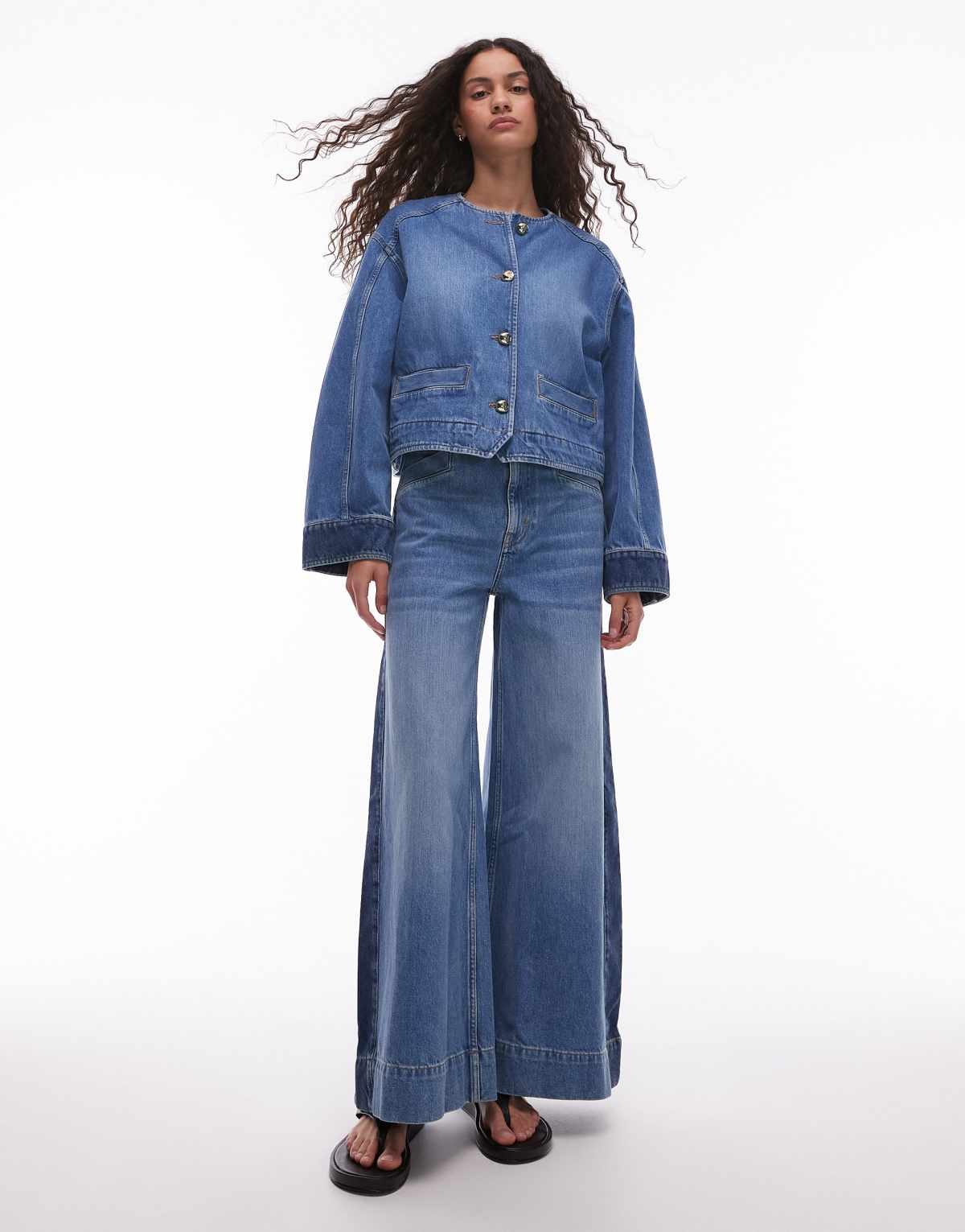 & Other Stories hight waist wide leg jeans in mid wash blue with contrast side panel