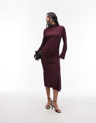 & Other Stories - Hochgeschlossenes, langärmliges Midikleid in dunklem Violett mit weicher Haptik und Twist-Detail-Lila